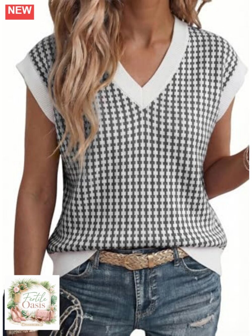 Dokotoo Womens V-Neck Plaid Knit Sweater Vest - Short Sleeve Loose Fit Summer